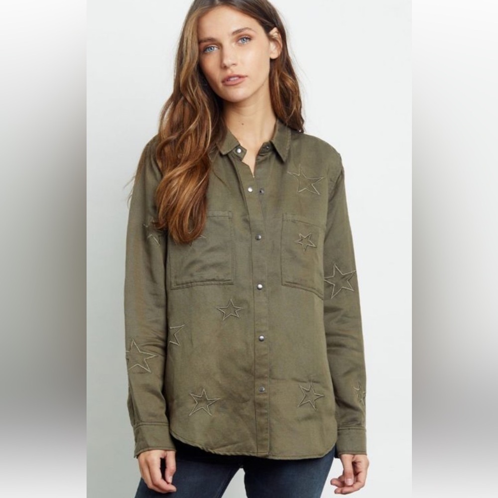 Rails Linen Marcel Sage with Stars Shirt Jacket Long Sleeve Button Down Green S